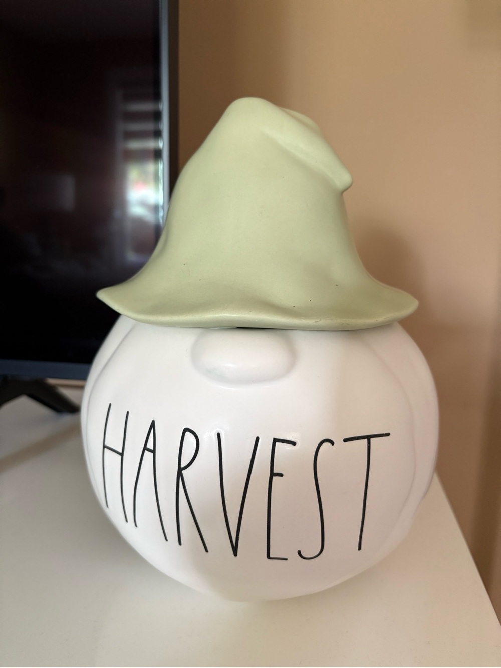 White Ceramic 'Harvest' Gnome with Sage Green hat.